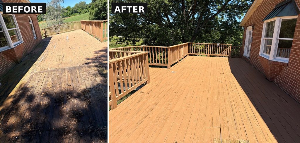 Before and after of a wooden deck restoration in Crofton, MD, showing faded boards before and a freshly stained deck after refinishing by ARM Premium Painting.