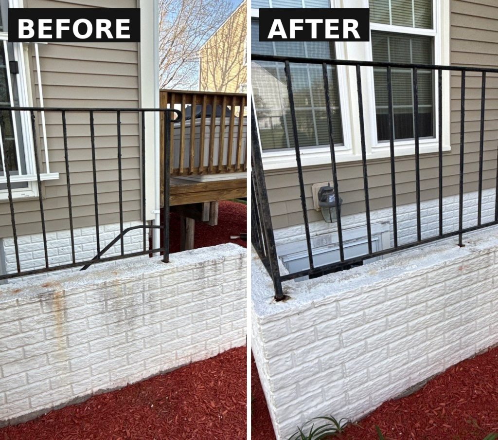 Painted brick knee wall and iron railing detail on a home exterior in Upper Marlboro, MD