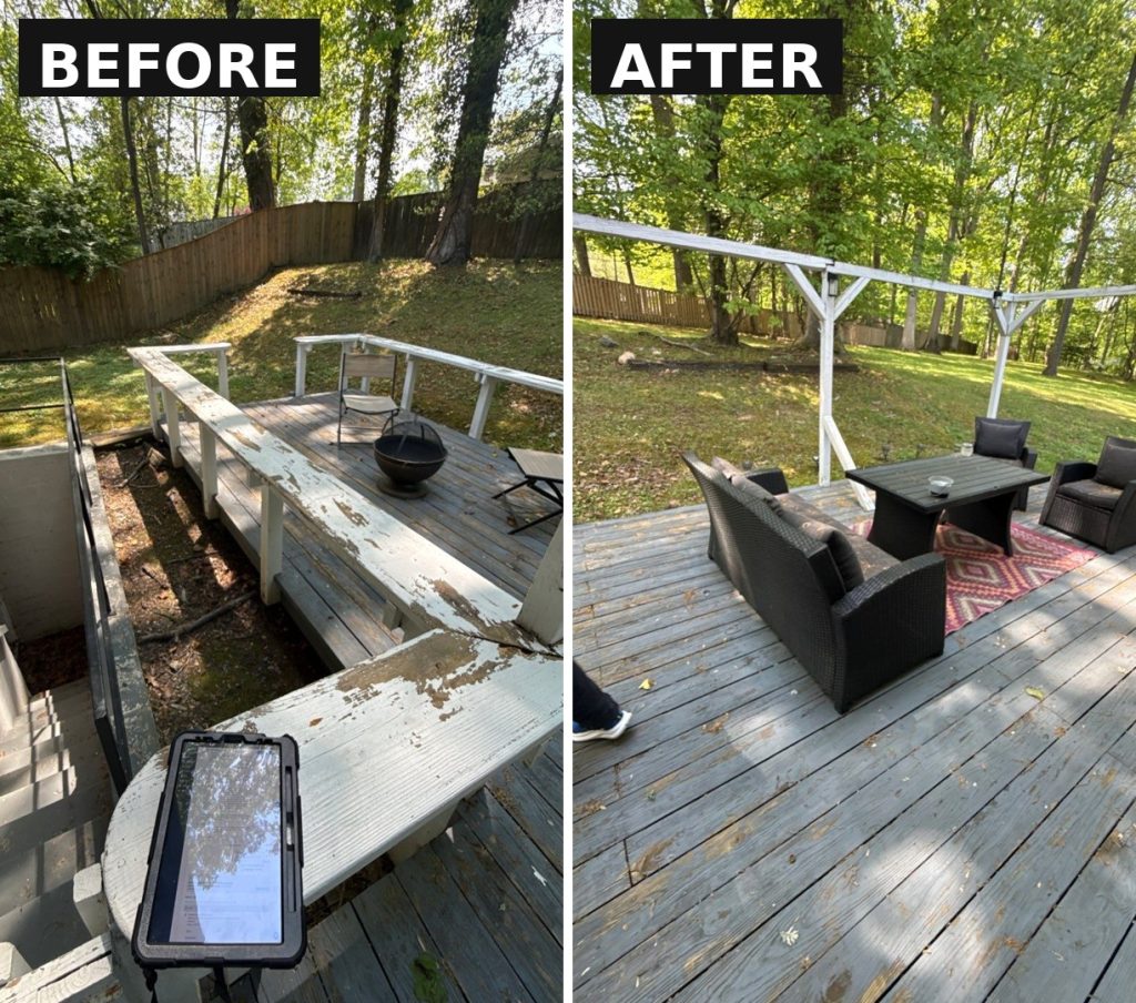 Deck railing and pergola repainted white on a backyard deck in Upper Marlboro, MD