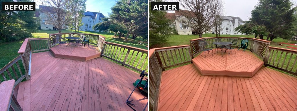 Before and after deck staining project in Upper Marlboro, MD showing a restored, richly stained deck