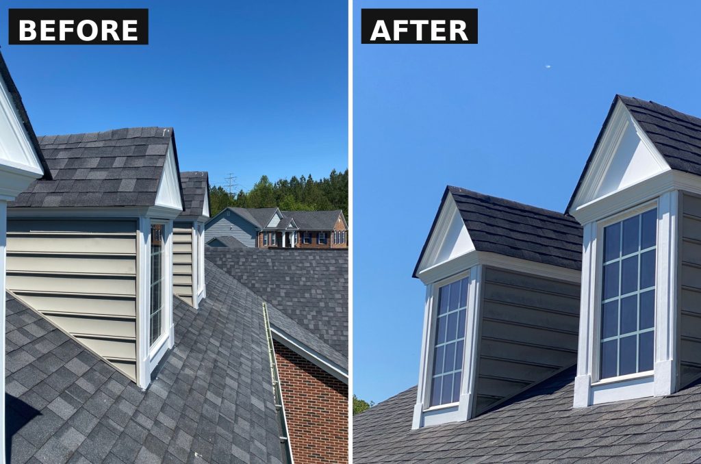 Exterior dormer trim and siding painting on a home in Upper Marlboro, MD with crisp white trim finish