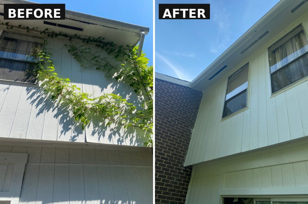 Before and after photo of T1-11 wood siding sealing and staining in Odenton, MD by ARM Premium Painting