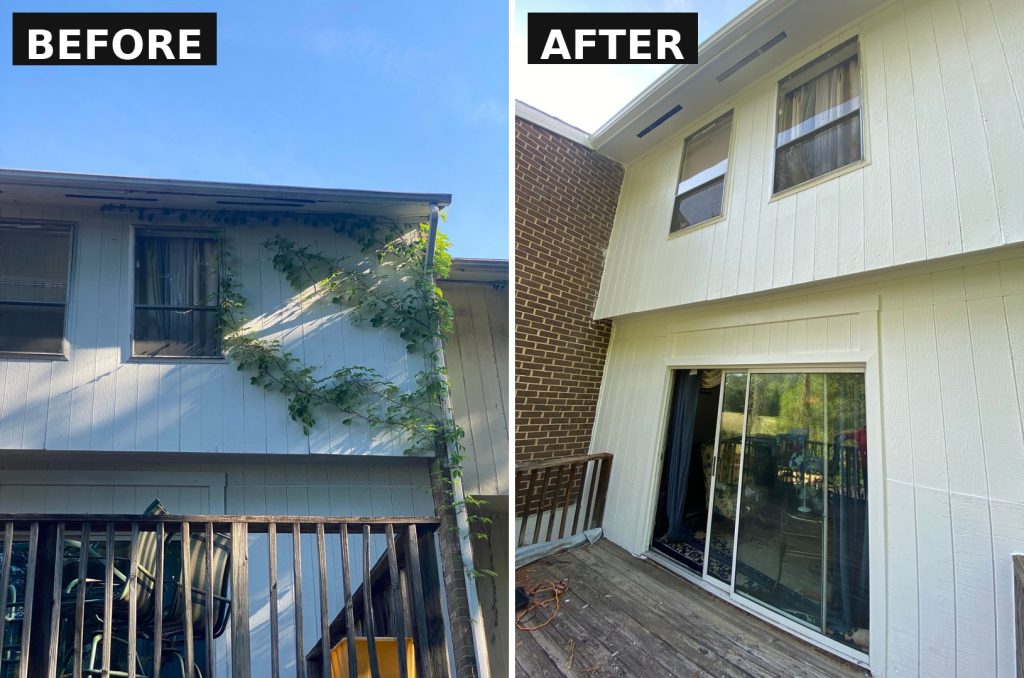 Before and after exterior siding painting on a home in Upper Marlboro, MD, restoring a clean, updated look
