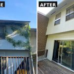 Before and after exterior siding painting showing weathered vs. freshly painted siding in Southern Maryland