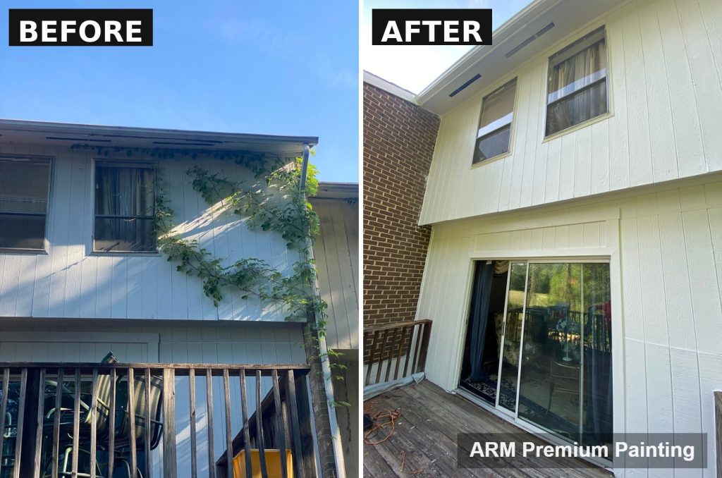 Before and after exterior siding painting showing weathered vs. freshly painted siding in Southern Maryland