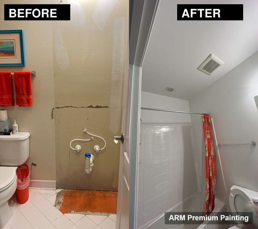 Bathroom repainted with a moisture-resistant semi-gloss finish in a Southern Maryland home