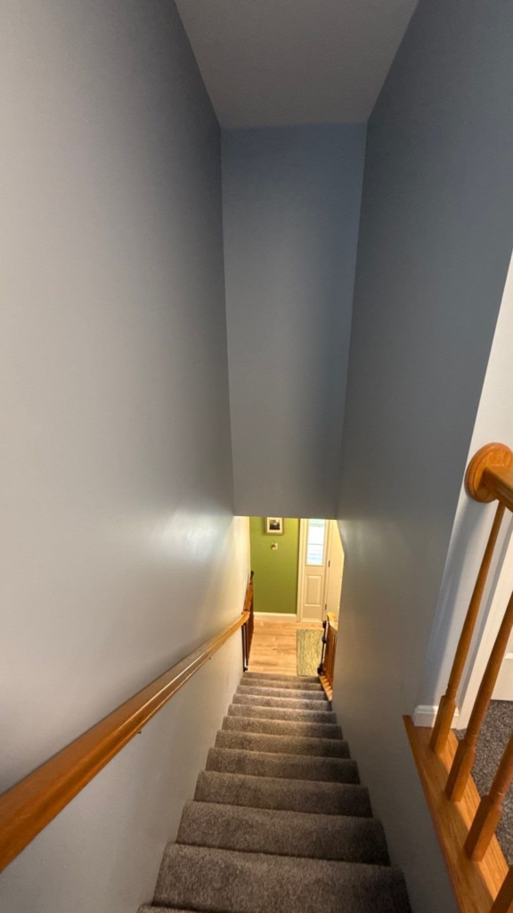 Tall stairwell wall painted edge to edge, looking down the stairs
